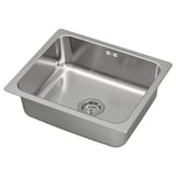 The HILLESJÖN stainless steel sink, a modern and durable single basin design with a square shape and polished finish. It a strainer drain.