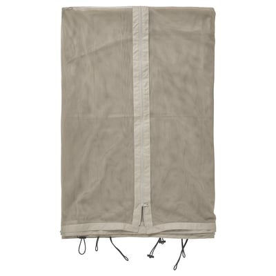 The HIMMELSÖ net is beige, rectangular, with zippers and ties for securing. Made from polyester, it fits gazebos.