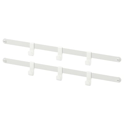 Two white metal hanging rails with hooks.