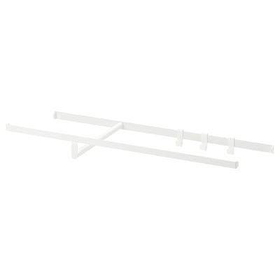 A white HJÄLPA clothes rail with multiple hooks for hanging clothes in shallow wardrobes.
