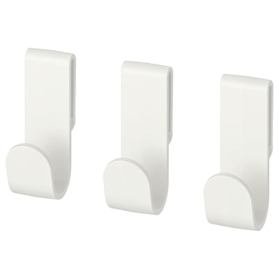 Three white plastic hooks, simple, rectangular design, attached to nothing, arranged in a row.