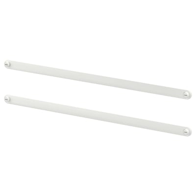 Two white metal rods with rounded ends lie parallel. Used for organising. Made of epoxy/polyester powder coated steel.