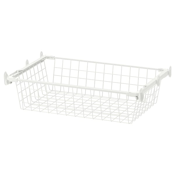 A white wire storage basket with a grid design, featuring a rolling mechanism for easy access.