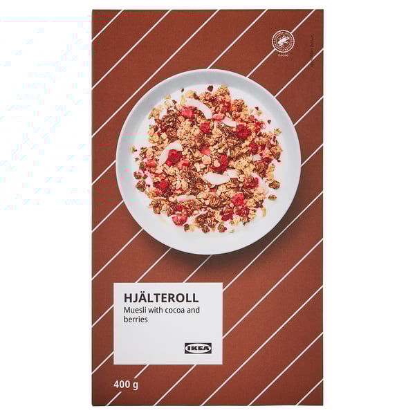 IKEA HJÄLTEROLL box showing cocoa and berry muesli, 400g.