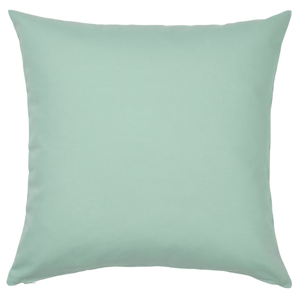 Square mint green cushion. Simple, solid colour, smooth texture.