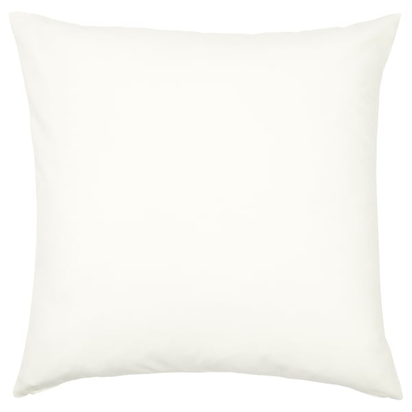 A white square HJÄRTERÖ pillow, perfect for indoors or outdoors, with a zip and plain design.