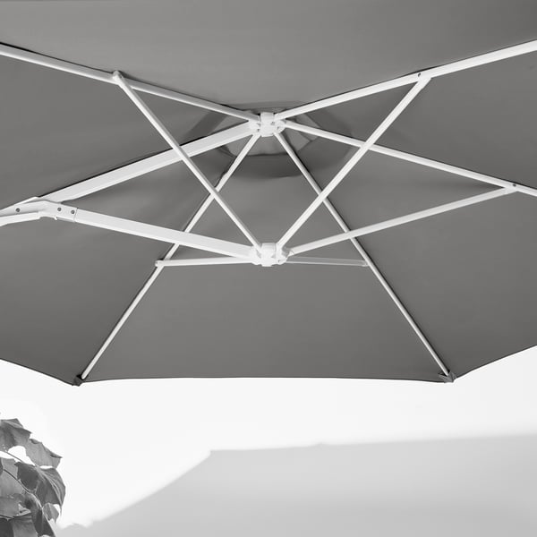 Close-up of closed grey parasol, showcasing its sturdy structural frame and clean design.
