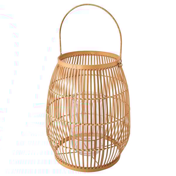 Handcrafted bamboo lantern, natural colour, cylindrical shape with handle, intricate weave, warm glow.
