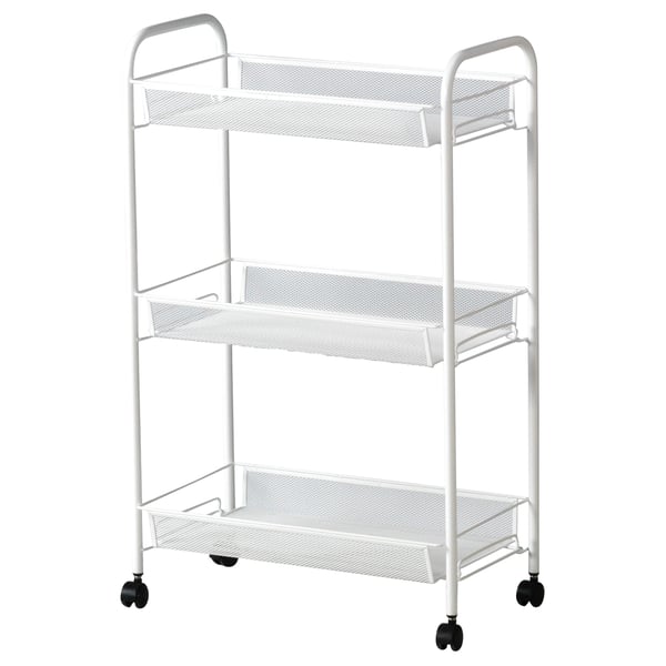 White 3-tier metal storage cart, rolling on black wheels, sleek and modern design, ideal for bathroom organisation.