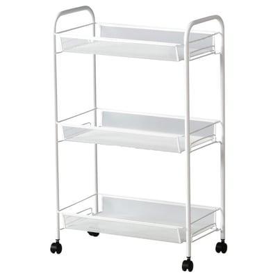 White 3-tier metal storage cart, rolling on black wheels, sleek and modern design, ideal for bathroom organisation.