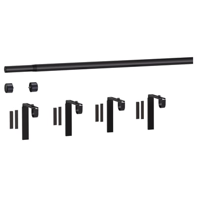 Black HUGAD curtain rod kit, including extendable rod and 4 wall/ceiling brackets.
