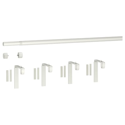 White HUGAD & räcka curtain rod set. Includes 2 rods, 4 brackets, 4 holders, 4 finials. Steel and plastic construction.