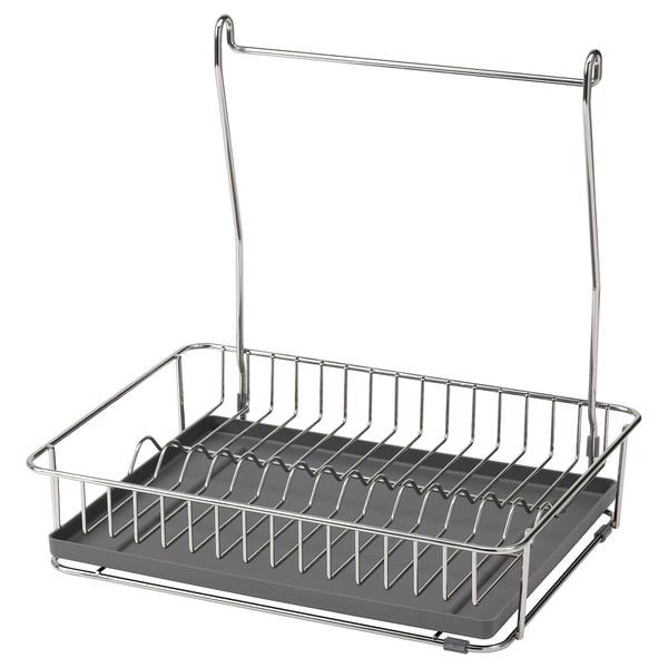Silver chrome hanging dish drainer with removable grey tray.