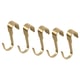 Five golden metal s-hooks, each with a top arc and a flat base, laid side by side in brass finish.