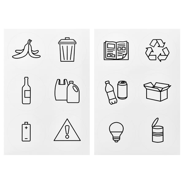 Black and white waste sorting stickers, 12 recyclable symbols.