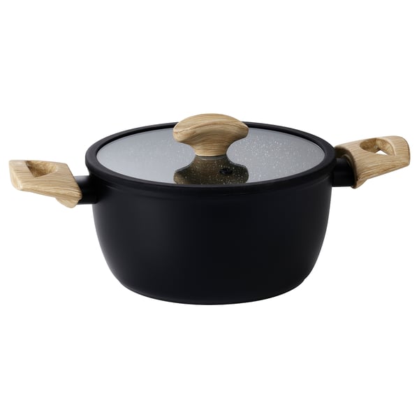 Black saucepan with wooden handles and lid, sol-gel ceramic non-stick coating, sturdy design.