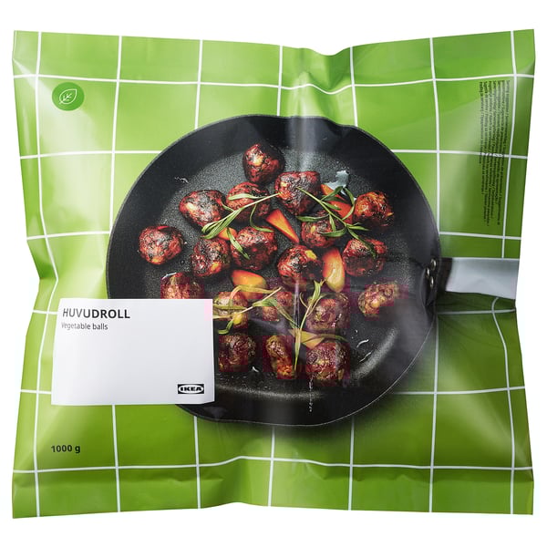 IKEA HUVUDROLL: package of vegetable balls, visible in a pan, suitable for vegetarians and vegans.