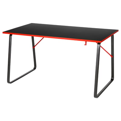 Black HUVUDSPELARE gaming table, red edges, steel legs, rectangular shape, modern design.