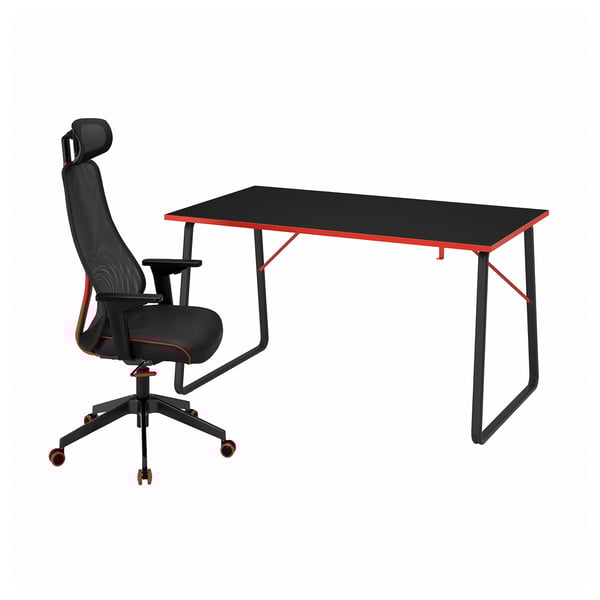 Black and red gaming setup with ergonomic chair and rectangular table, designed for comfort and efficiency.