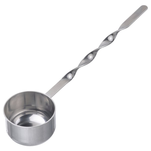 A HUVUDTÅG stainless steel coffee scoop with a twisted handle, designed for easy use and cleaning.