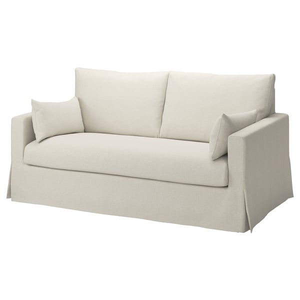 Modern light beige sofa, clean lines, rounded arms, two cushions. HYLTARP, linen, cotton blend.