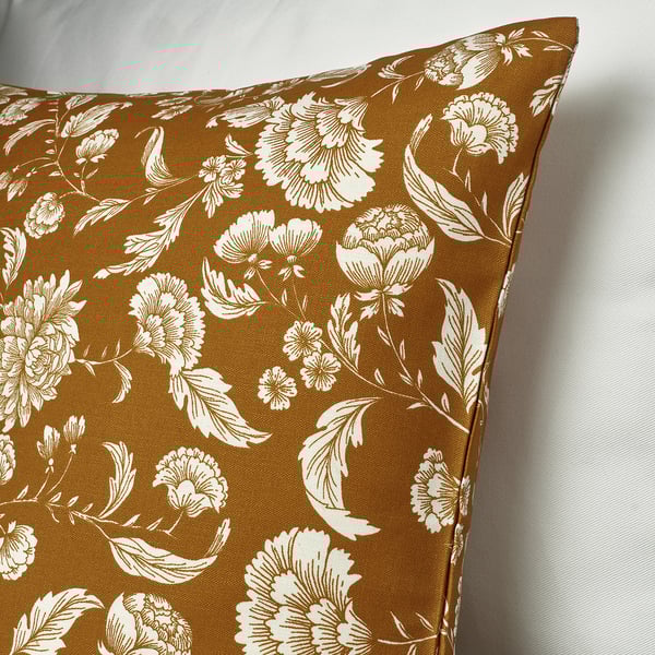Floral cushion cover, mustard background, white flowers. Hidden zip, high-quality cotton.