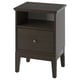 An IDANÄS dark brown bedside table. It has one drawer and an open shelf. The design is modern with a timeless look.