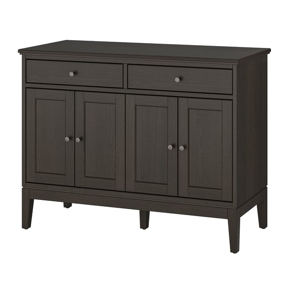 Dark wooden sideboard with folding doors and two drawers, perfect for dining room storage.