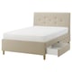 IDANÄS beige upholstered bed with buttoned headboard and storage drawers.