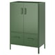 An olive green IDÅSEN metal storage cabinet with two doors and two drawers, featuring a modern design.