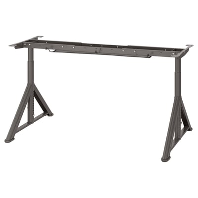 An adjustable metal desk base, black, with two tripod legs, suitable for various tabletop sizes.