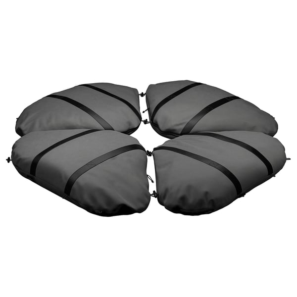 Four grey IGGÖN sandbags, rectangular with black stripes, zippered tops for sand filling.