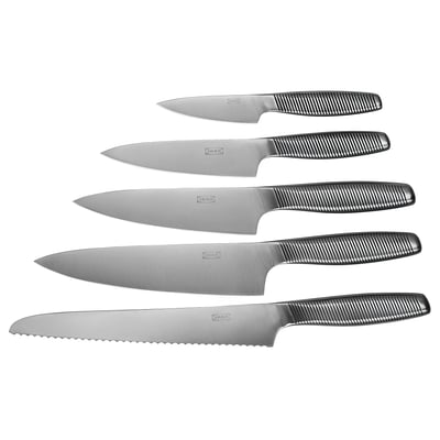 Six IKEA 365+ knives, stainless steel with black grooved handles, arranged neatly in a row, suitable for various kitchen tasks.