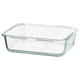 IKEA 365+ clear glass food container, square shape, transparent with no lid.