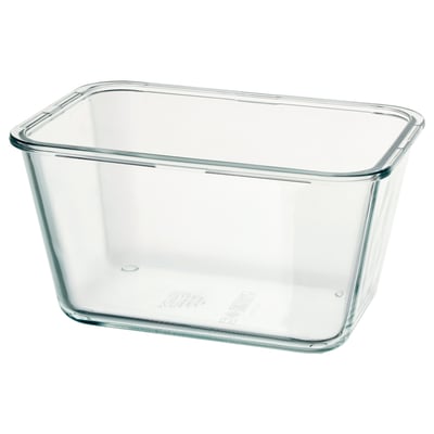 IKEA 365+ clear glass food container, rectangular, with smooth edges, oven-safe and transparent.