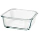 Clear glass IKEA 365+ container, square shape, no lid, smooth edges, transparent body.