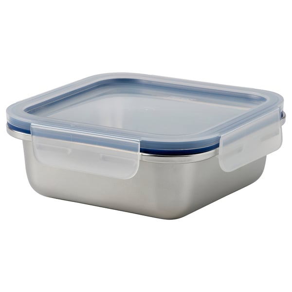 IKEA 365+ square stainless steel food container with a blue lid, durable, transparent cover, and snap-lock design.