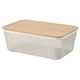 IKEA 365+ white mesh storage basket with bamboo lid for kitchen organization.
