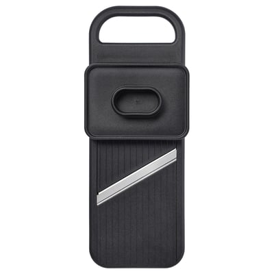 Black IKEA 365+ adjustable slicer with loop handle, ribbed grip, and silver stripe detail.