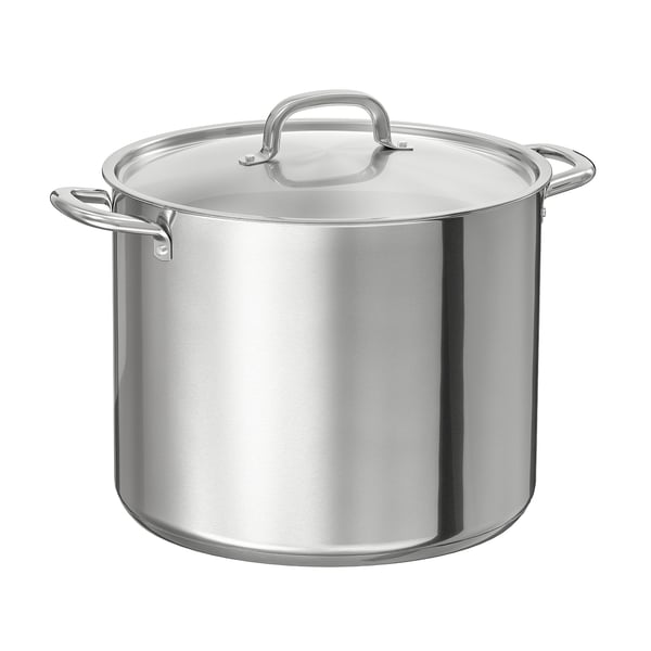 Shiny silver IKEA 365+ stockpot, stainless steel, round shape, two handles, sleek design.