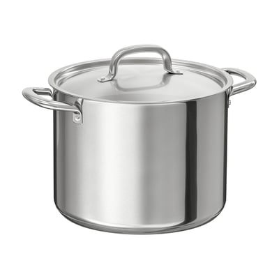 Stainless-steel stockpot by IKEA 365+ with side handles and vented lid.
