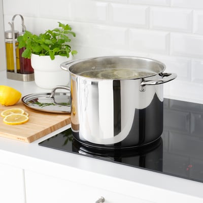 Modern kitchen with induction stove and fresh ingredients.