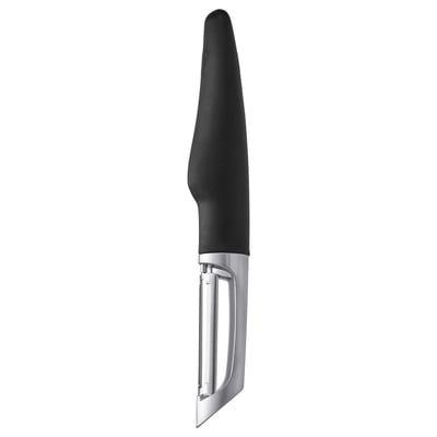 A sleek black kitchen peeler by IKEA with a stainless steel blade and ergonomic grip.