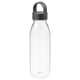 An IKEA 365+ transparent water bottle with a dark grey handle lid. It stands upright, shaped like a classic bottle with a sturdy, practical design.