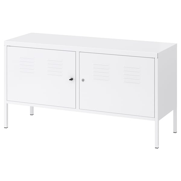 IKEA PS: white metal cabinet, lockable doors, tall legs, sleek design.