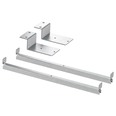 Silver INLÄGG metal fixtures for attaching table tops, includes plates and rails.
