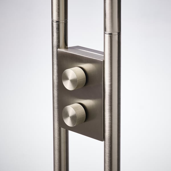 Modern lamp base with adjustable knobs, sleek metal finish, two lamp holders.