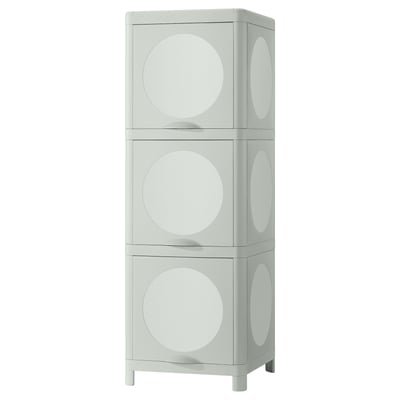 Tall, grey IVÖSJÖN cabinet with three round doors, made from recycled plastic.