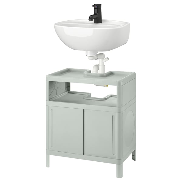 IVÖSJÖN: compact light green sink cabinet, round white basin, black tap.