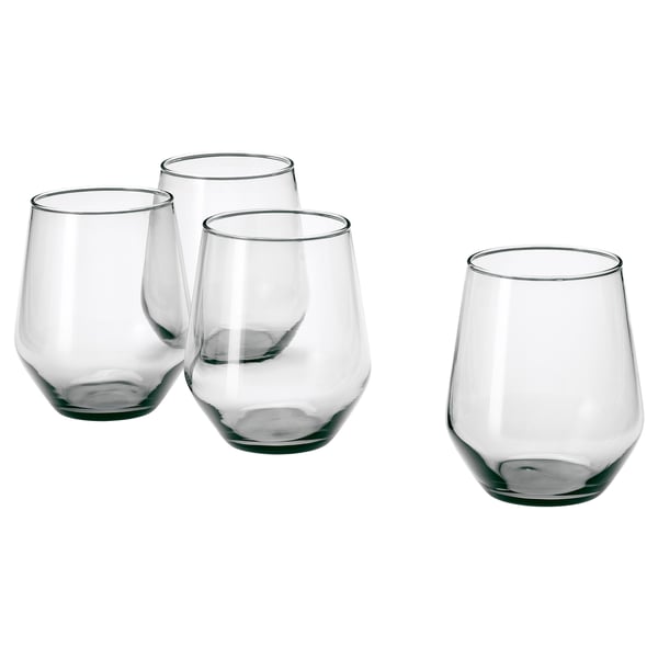 Four clear, square-bowled glasses in a group. The glasses are made of glass and designed for wine or water, perfect for everyday or special occasions.